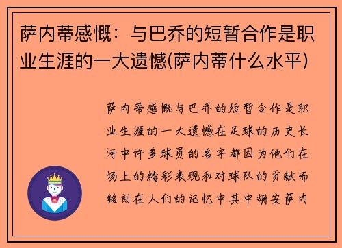 萨内蒂感慨：与巴乔的短暂合作是职业生涯的一大遗憾(萨内蒂什么水平)