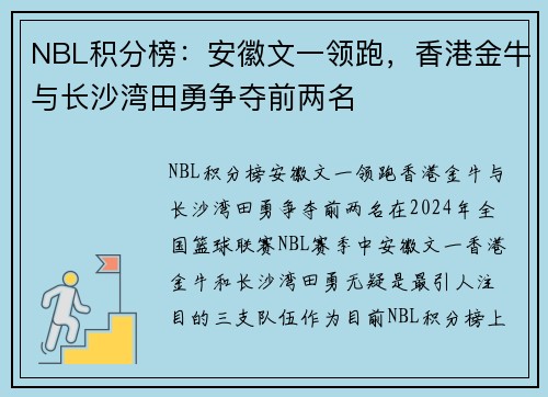 NBL积分榜：安徽文一领跑，香港金牛与长沙湾田勇争夺前两名