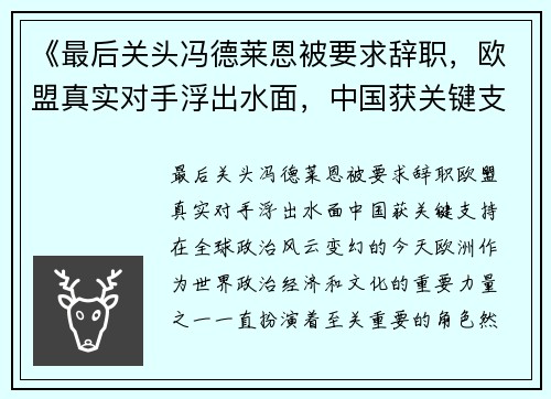 《最后关头冯德莱恩被要求辞职，欧盟真实对手浮出水面，中国获关键支持》